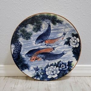 Vtg Japanese Koi Home Accent Platter 12.5" Plate, Pond Scene Blue White Gold Rim